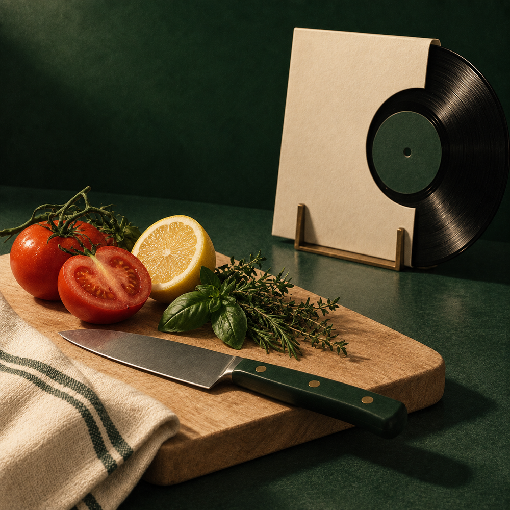 Een snijplank, ingrediënten en vinyl op het aanrecht in de groene SJELF-stijl