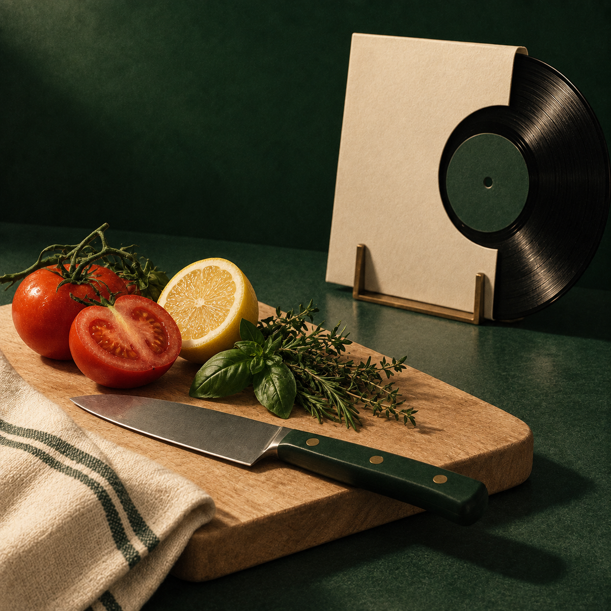 Een snijplank, ingrediënten en vinyl op het aanrecht in de groene SJELF-stijl