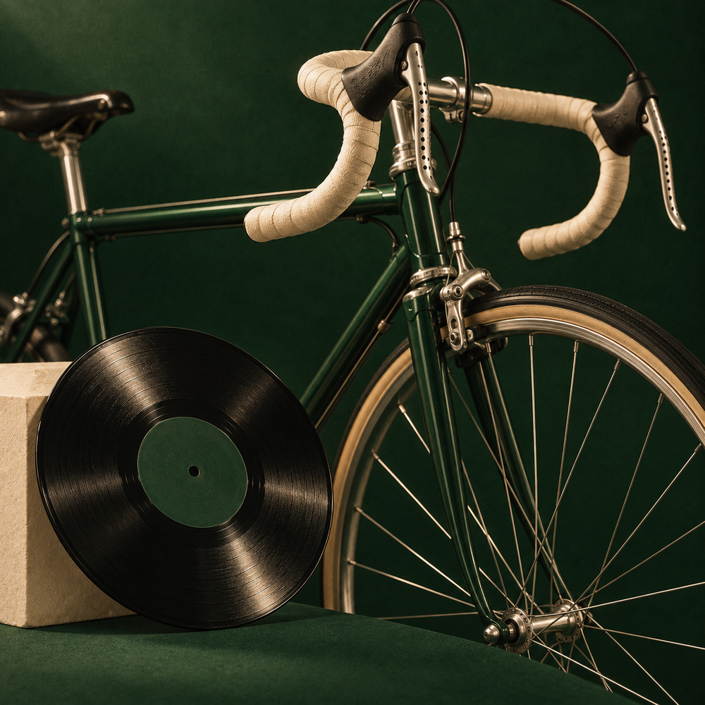 Een racefiets met crèmekleurig stuurlint naast een zwarte elpee tegen een donkergroene achtergrond