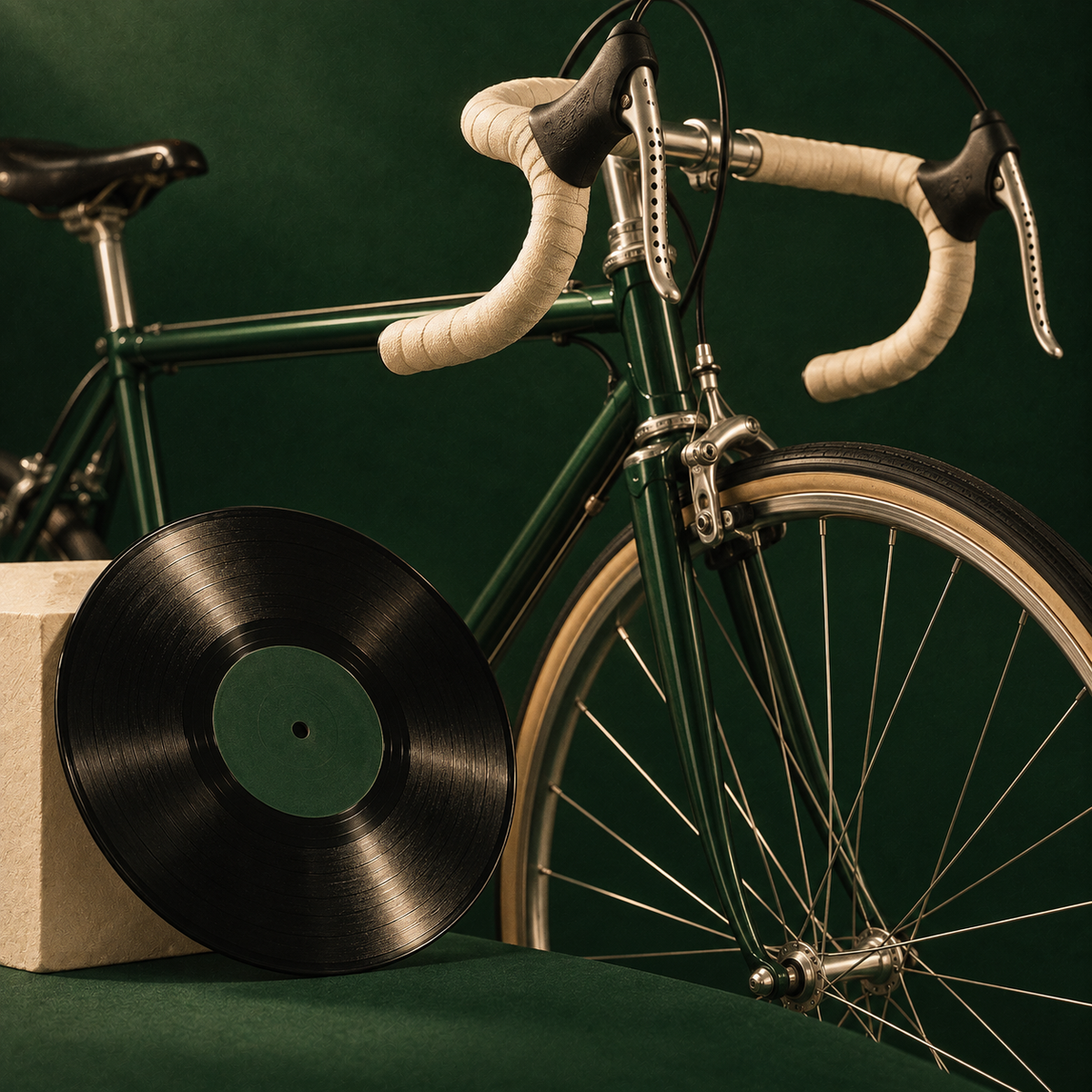 Een racefiets met crèmekleurig stuurlint naast een zwarte elpee tegen een donkergroene achtergrond