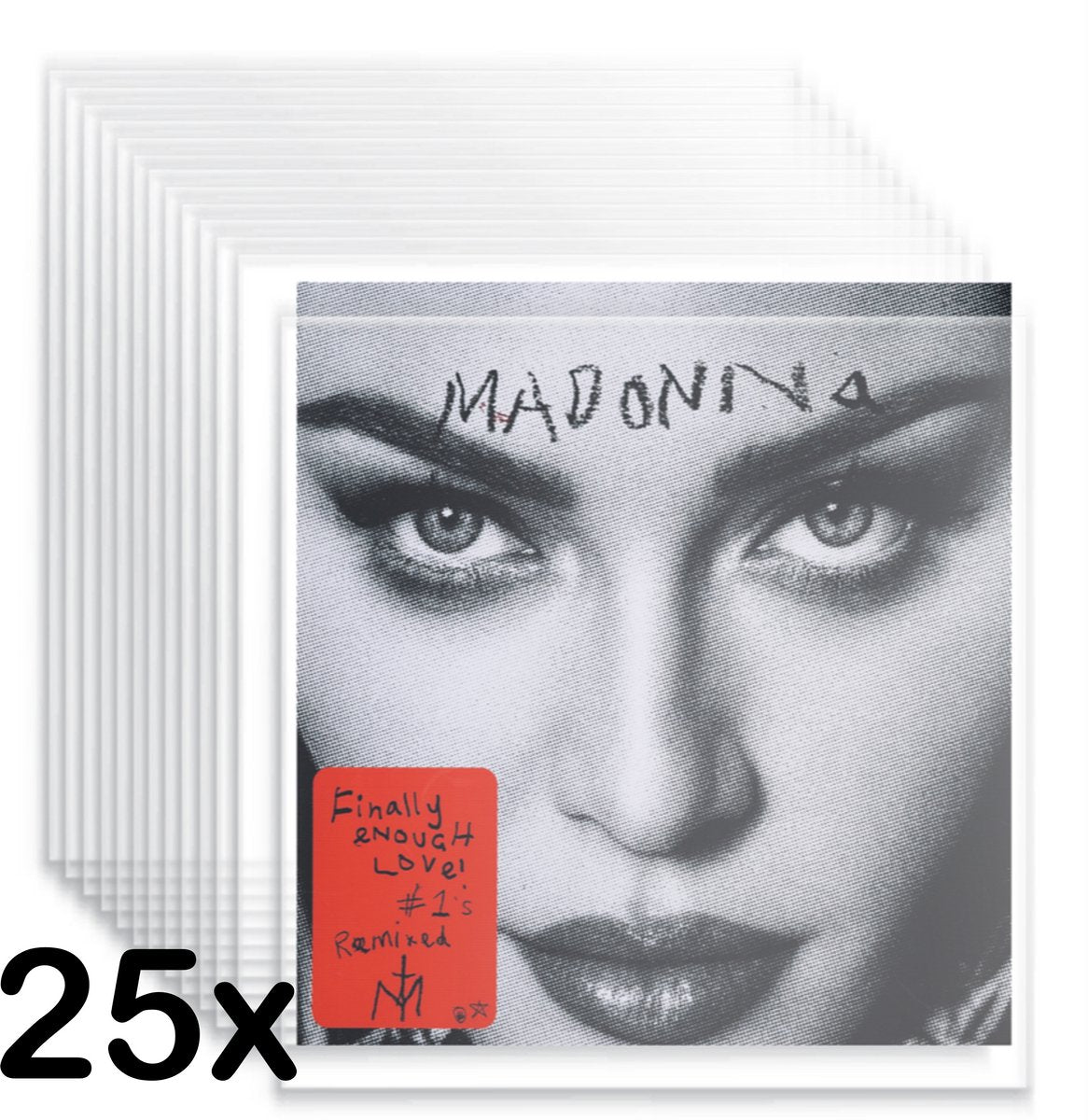 Stapel 25 doorzichtige hoezen met op de voorgrond de Madonna 'Finally Enough Love!' LP-hoes.