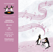 Pinguïn Records logo met website, 'ESSENTIAL SHIELDSLEEVE', 25 stuks, 100 micron, voor 12" LP's, polyethyleen.