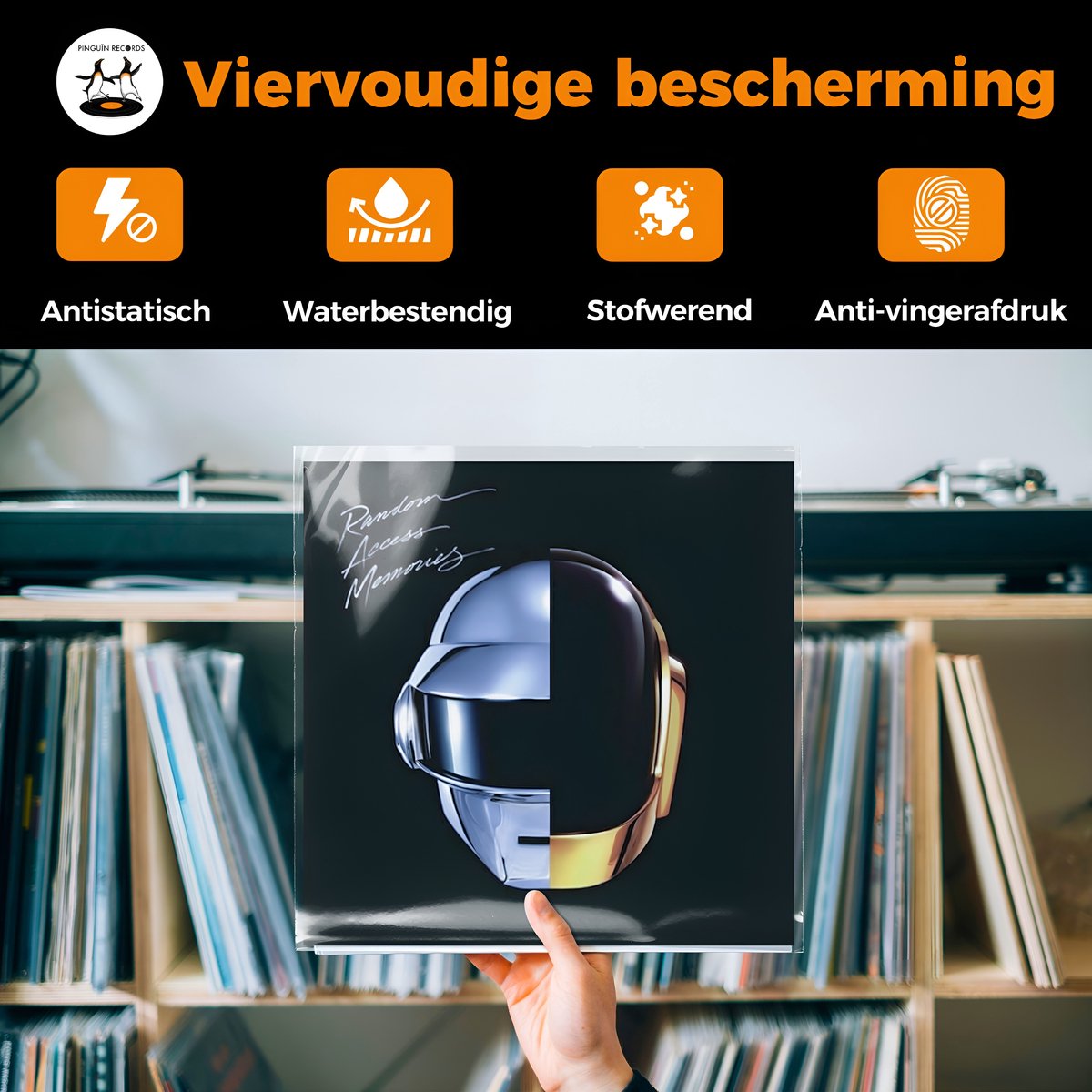 Een hand toont een LP met de Daft Punk helm in een beschermhoes. Iconen voor antistatisch, waterbestendig, stofwerend en anti-vingerafdruk. Pinguïn Records logo.