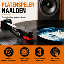 Rode en zwarte platenspeler naald op vinylplaat. Iconen: schild met vinkje, platenspeler, cijfer 3, opbergdoos.