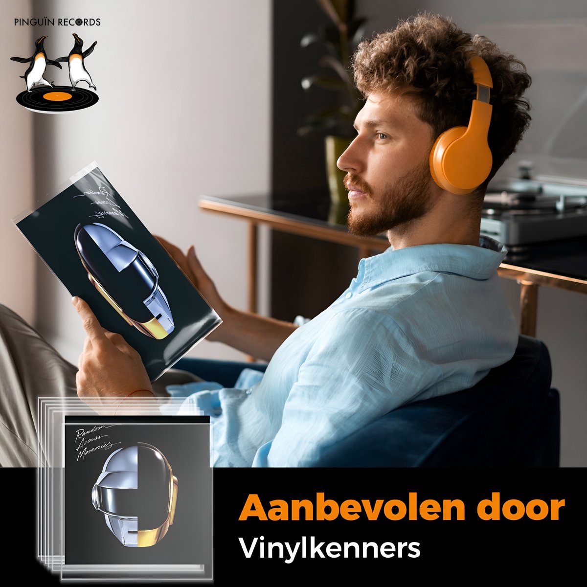 Een man met koptelefoon luistert naar muziek, houdt een LP met de Daft Punk helm in een beschermhoes vast. Pinguïn Records logo met twee pinguïns.