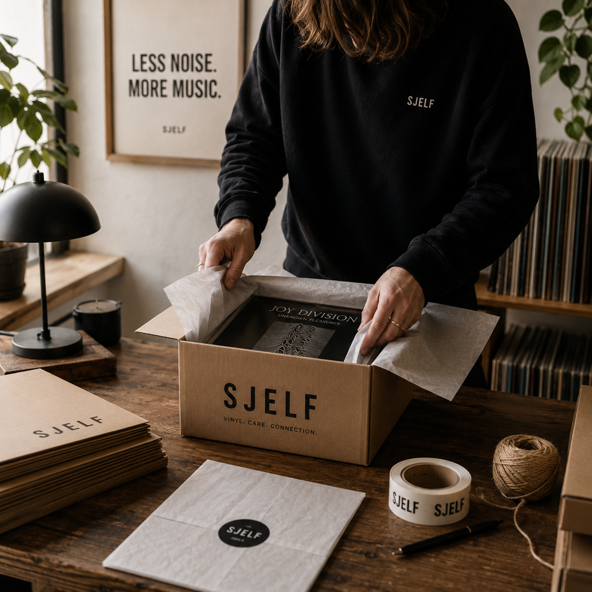 Achter SJELF: een persoon in een zwarte SJELF-trui tussen vinylplaten