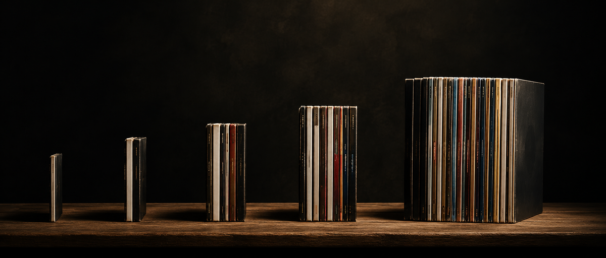 Oplopende verzameling vinylplaten als verbeelding van BUILD YOUR SJELF