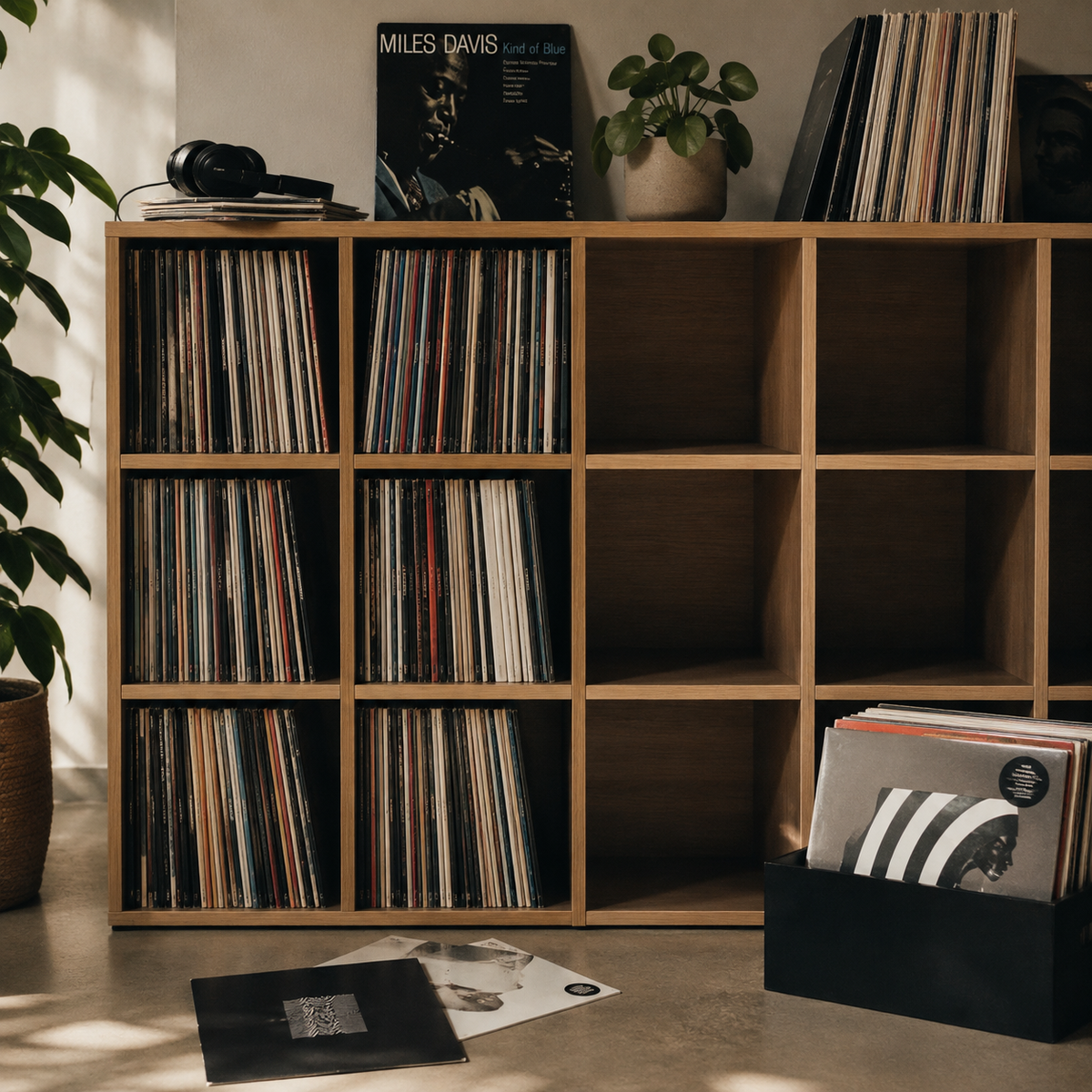 Vinylcollectie in een houten platenkast