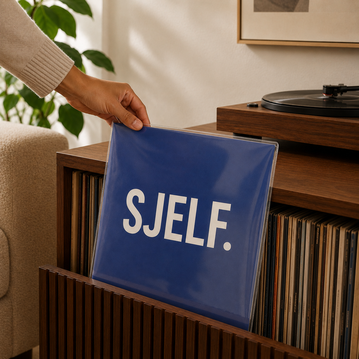 Beschermde blauwe vinyl albumhoes wordt bij collectie opgeborgen