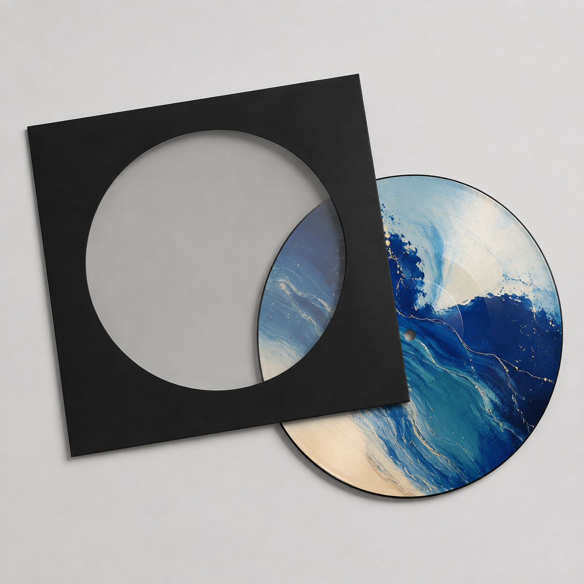 Zwarte picture-disc-hoes met picture disc ernaast