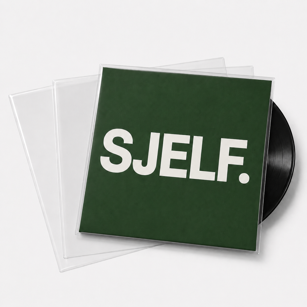 Premium transparante vinyl beschermhoezen met groene SJELF albumhoes