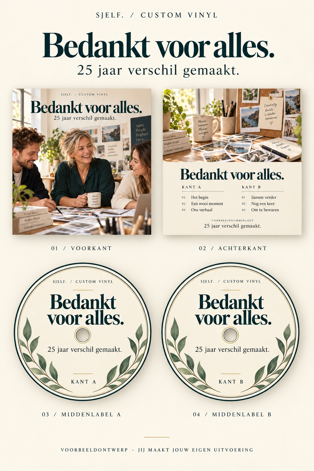 Overzicht van hoes en beide middenlabels: Bedankt voor alles.