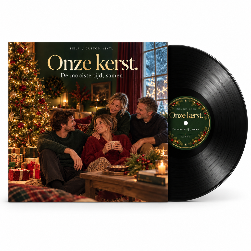 Hoofdbeeld met hoes en zwarte elpee: Onze kerst.