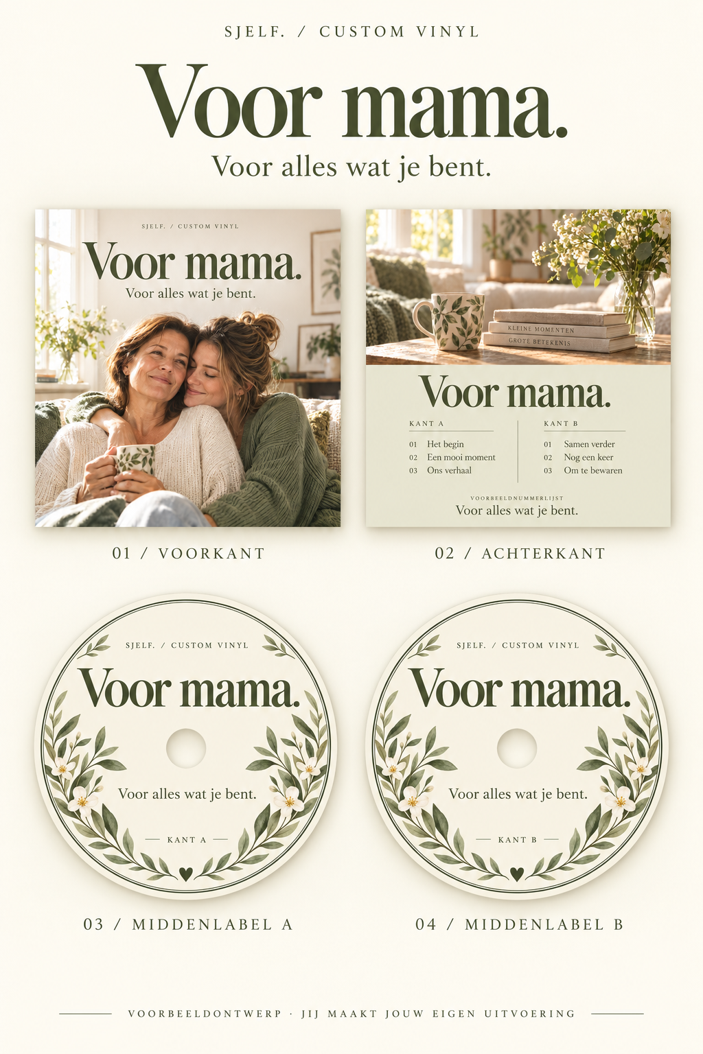 Overzicht van hoes en beide middenlabels: Voor mama.