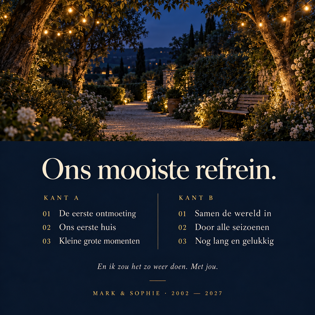 Achterkant van de voorbeeldhoes met nummerlijst voor ontwerp jullie eigen jubileumplaat