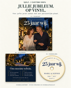 Overzicht van voorbeeldhoes en middenlabel voor ontwerp jullie eigen jubileumplaat