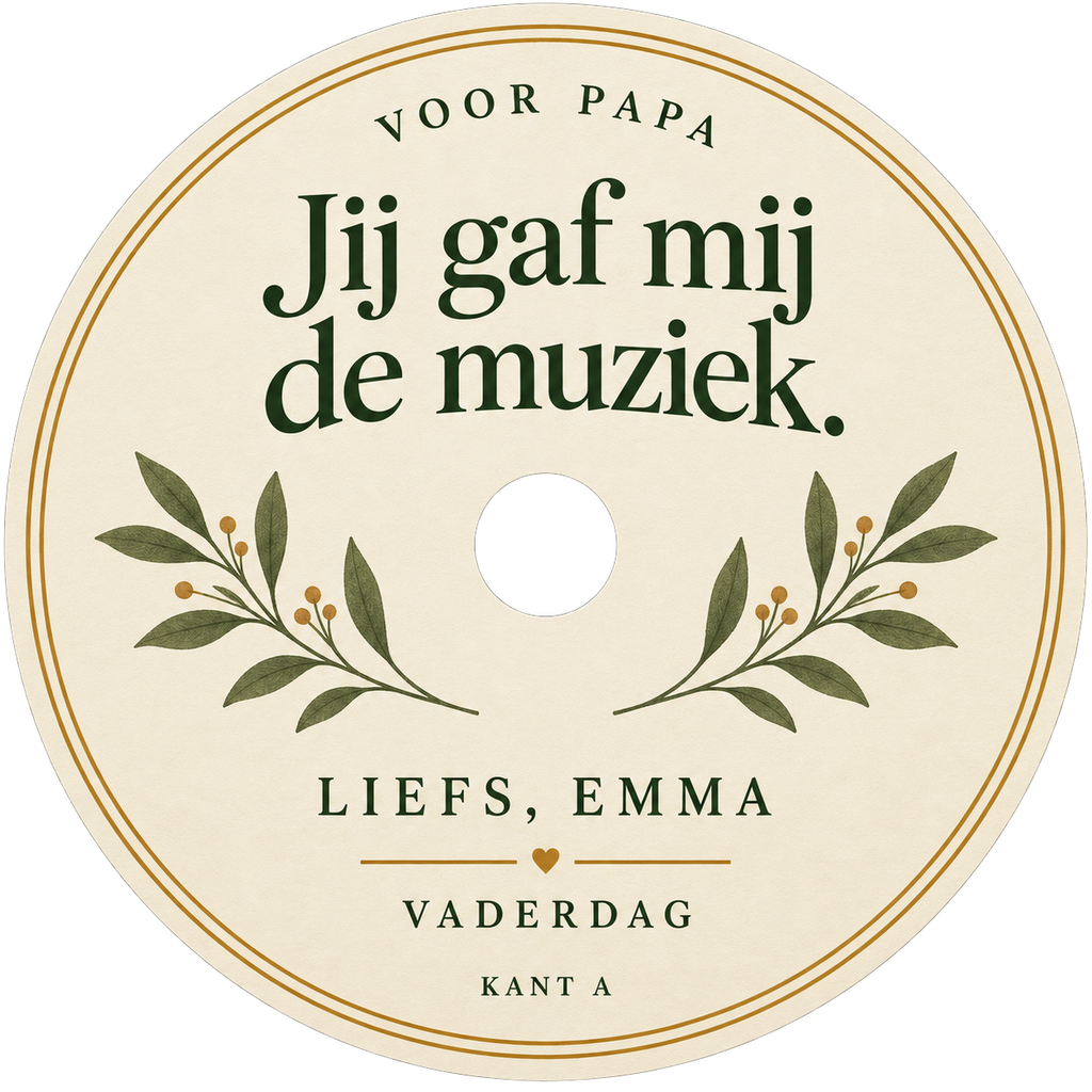 Crèmekleurig middenlabel voor kant A met groene bladeren en de tekst Voor papa, Jij gaf mij de muziek