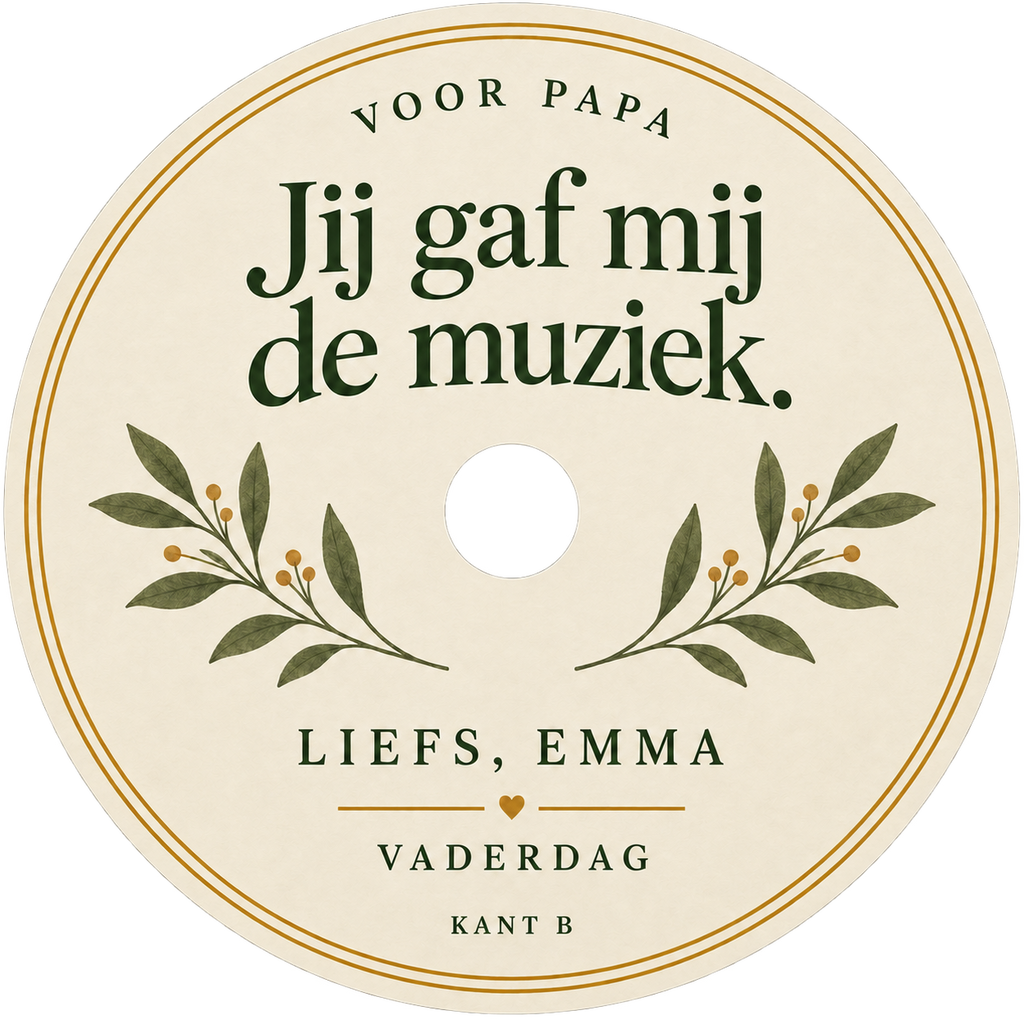 Bijpassend crèmekleurig middenlabel voor kant B met groene bladeren en de persoonlijke groet Liefs, Emma