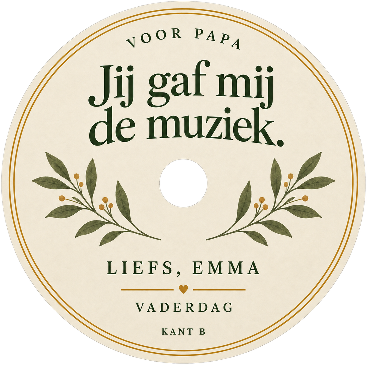 Bijpassend crèmekleurig middenlabel voor kant B met groene bladeren en de persoonlijke groet Liefs, Emma