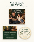 Overzicht van het Vaderdagvoorbeeld met persoonlijke voorkant, achterkant en middenlabel: Jij gaf mij de muziek