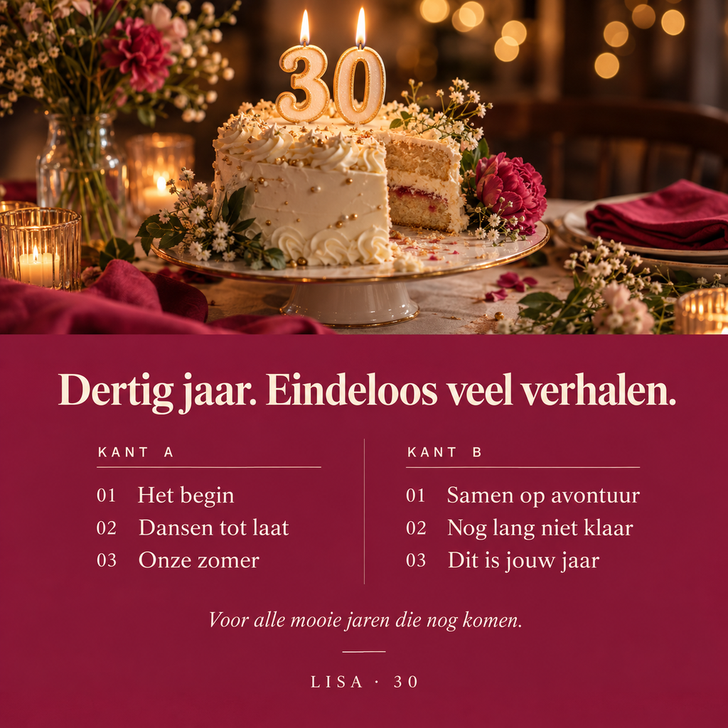 Achterkant van de voorbeeldhoes met nummerlijst voor ontwerp je eigen verjaardagsplaat