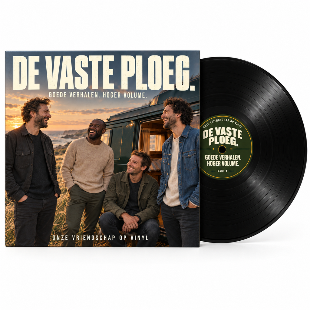 Voorbeeld van ontwerp jullie vriendenplaat met persoonlijke hoes en een gedeeltelijk uitgeschoven zwarte elpee