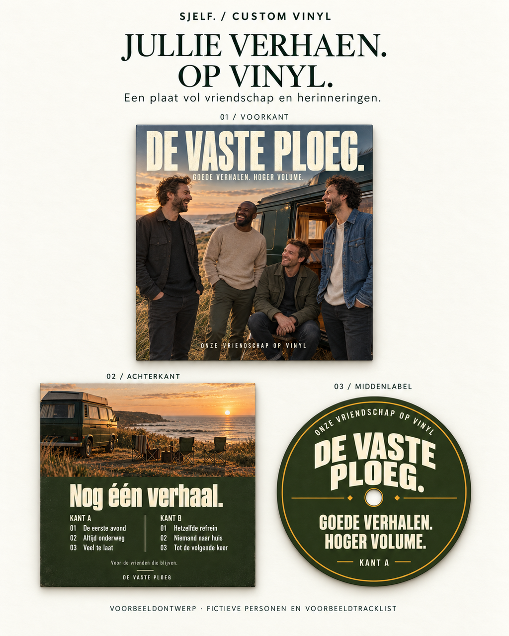 Overzicht van voorbeeldhoes en middenlabel voor ontwerp jullie vriendenplaat