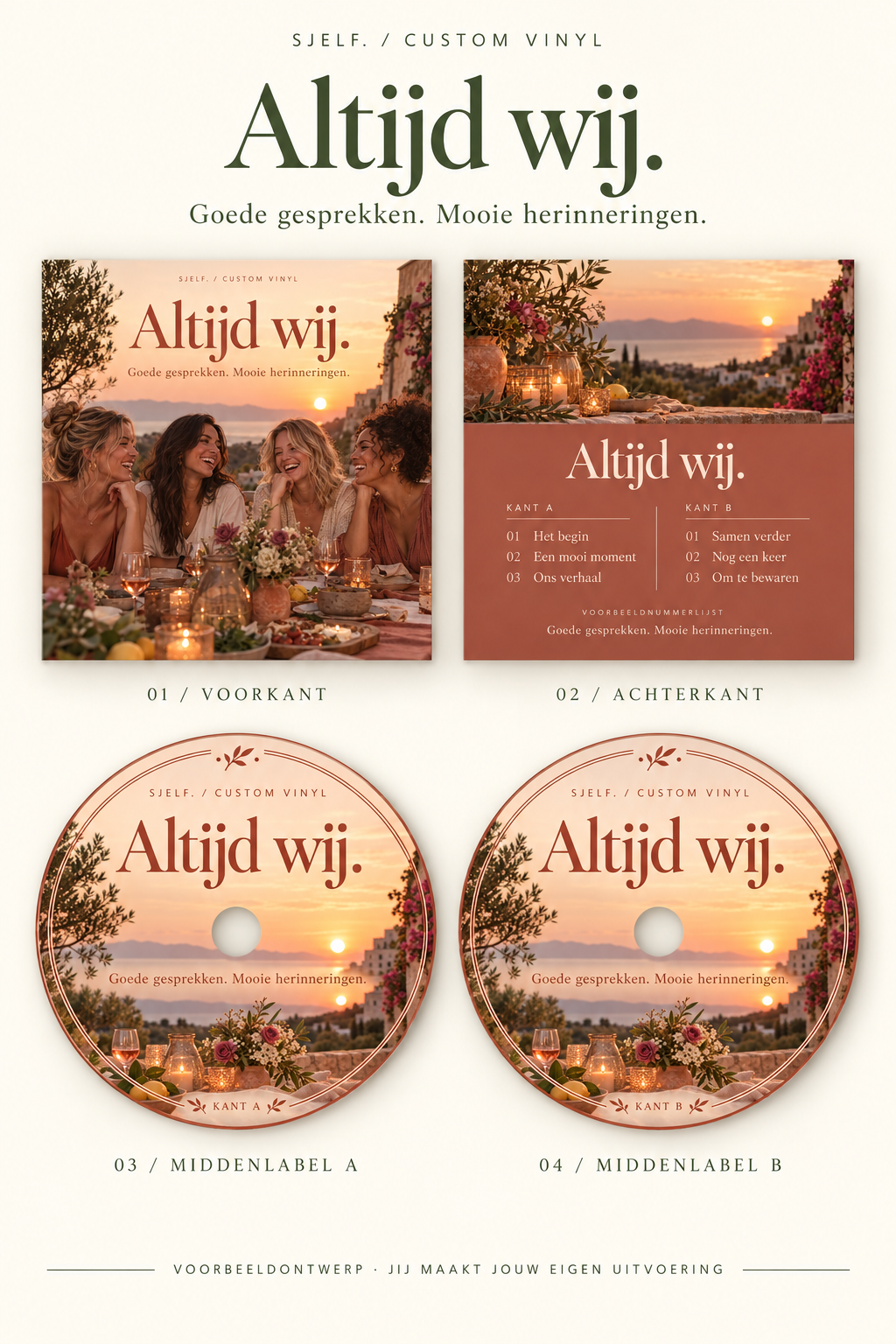Overzicht van hoes en beide middenlabels: Altijd wij.
