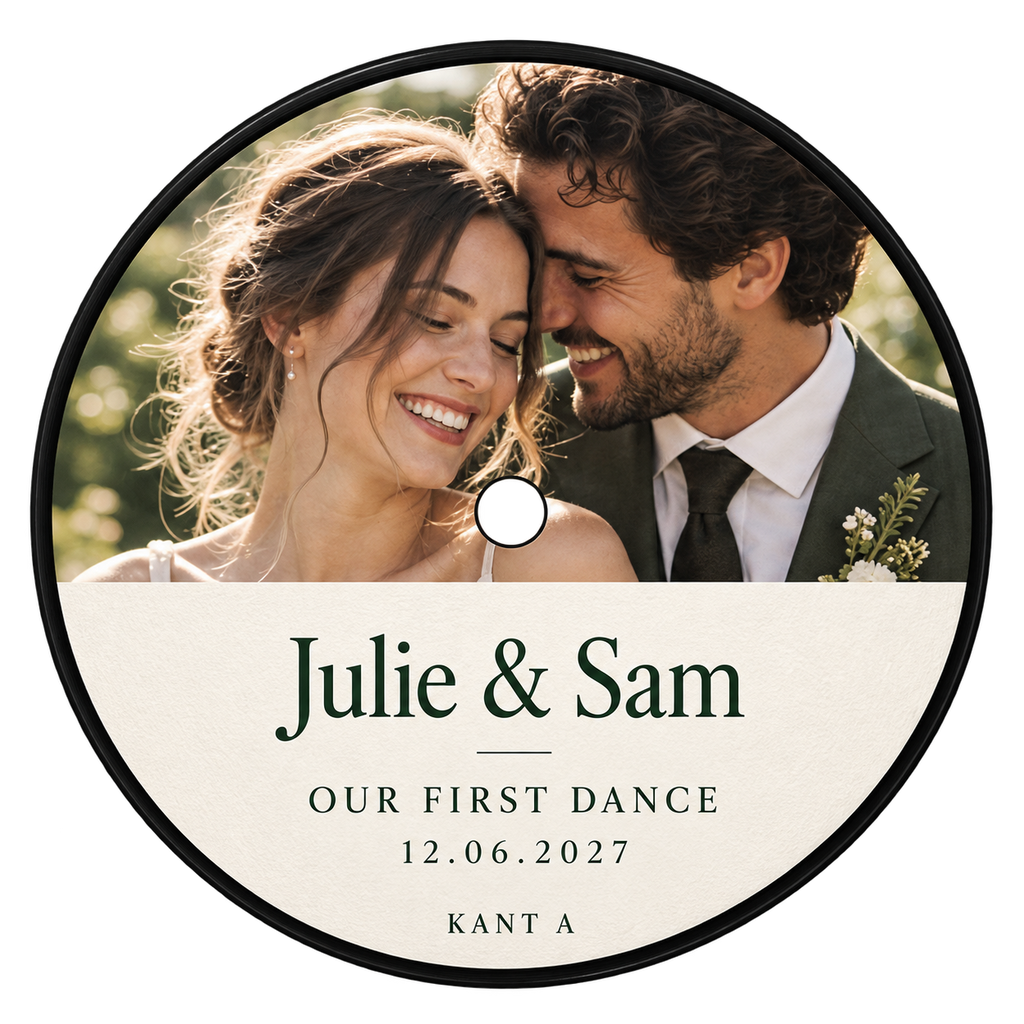 Voorbeeld van een persoonlijk rond middenlabel op vinyl