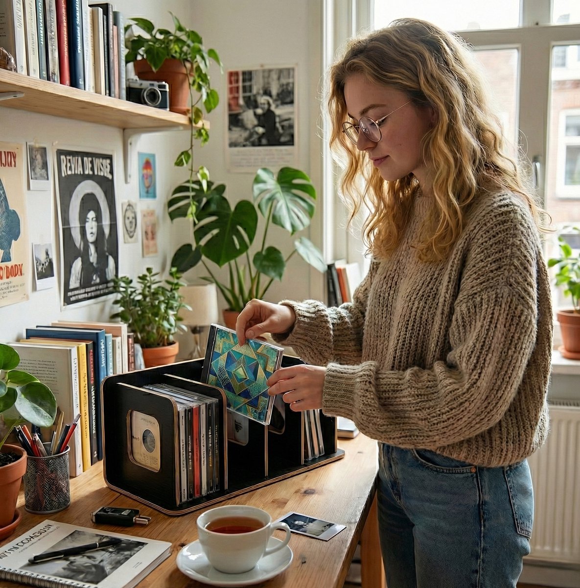Een vrouw pakt een cd uit een zwarte, houten cd-houder in een kamer.
