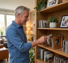 Man plaatst CD in walnootkleurige CD-houder op een boekenplank.