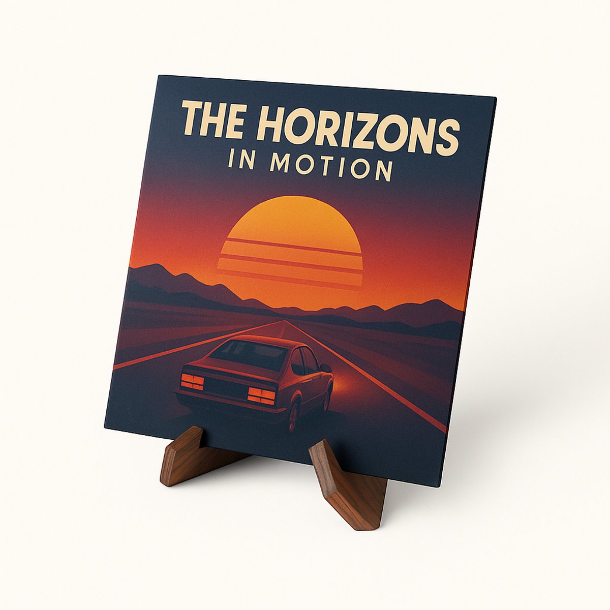 Albumcover met auto op een weg bij zonsondergang, met de tekst 'THE HORIZONS IN MOTION'.