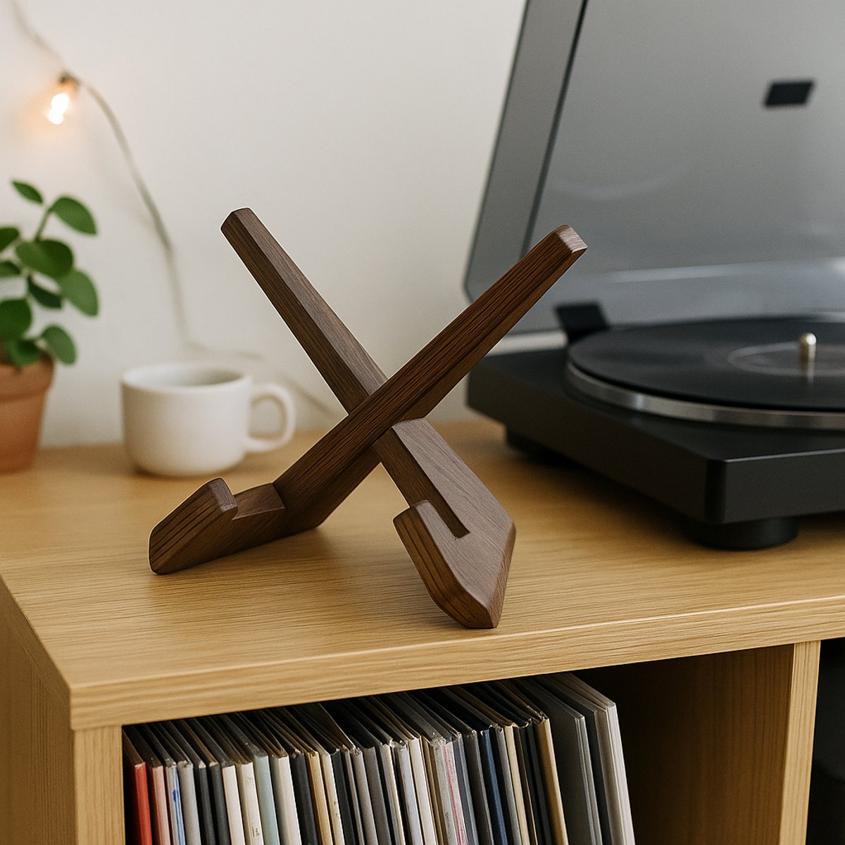 Een houten LP-standaard op een bureau, met een platenspeler en vinylplaten op de achtergrond.