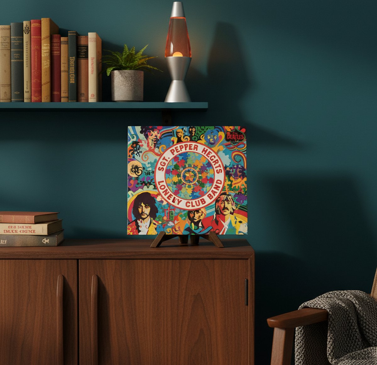 Albumcover 'Sgt. Pepper's Lonely Hearts Club Band' met kleurrijke, psychedelische art.