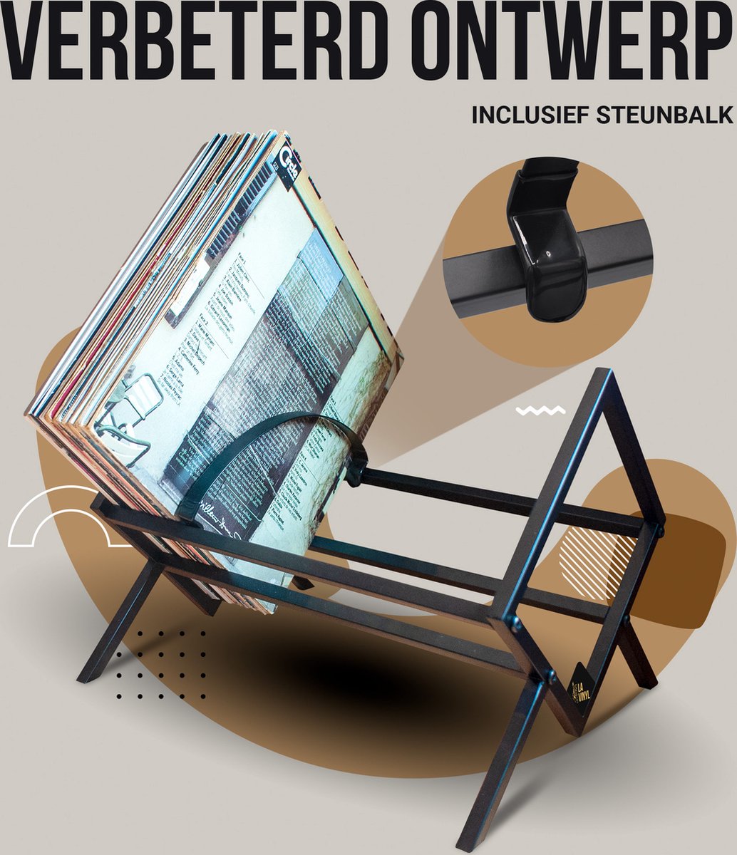 Zwart metalen platendrager met een stapel vinylplaten, 'VERBETERD ONTWERP INCLUSIEF STEUNBALK' tekst.