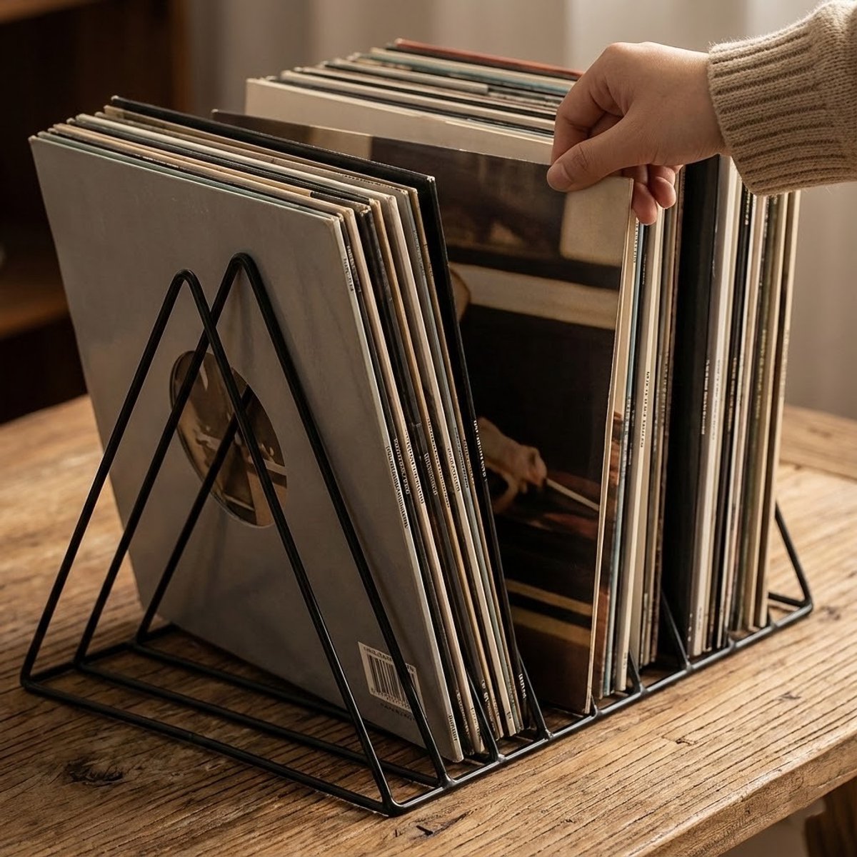 Hand met beige trui voegt een LP toe aan een zwart metalen rek vol met LP's.
