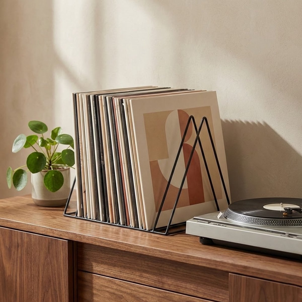 Zwart metalen vinylrek met 10 LP's, op een houten kast naast een platenspeler.