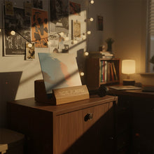 Houten 'Now Playing' LP-standaard op een kast, met LP-platenspeler en koptelefoon.