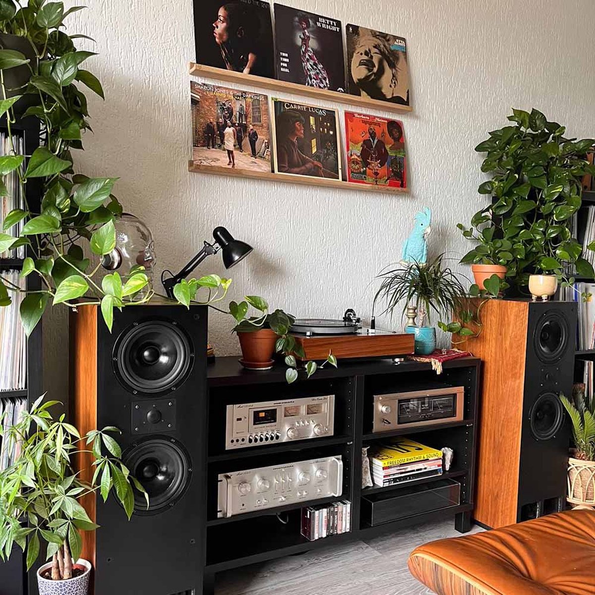 Houten zwevende plank met zes jazz- en soulplaten, waaronder Betty Wright.