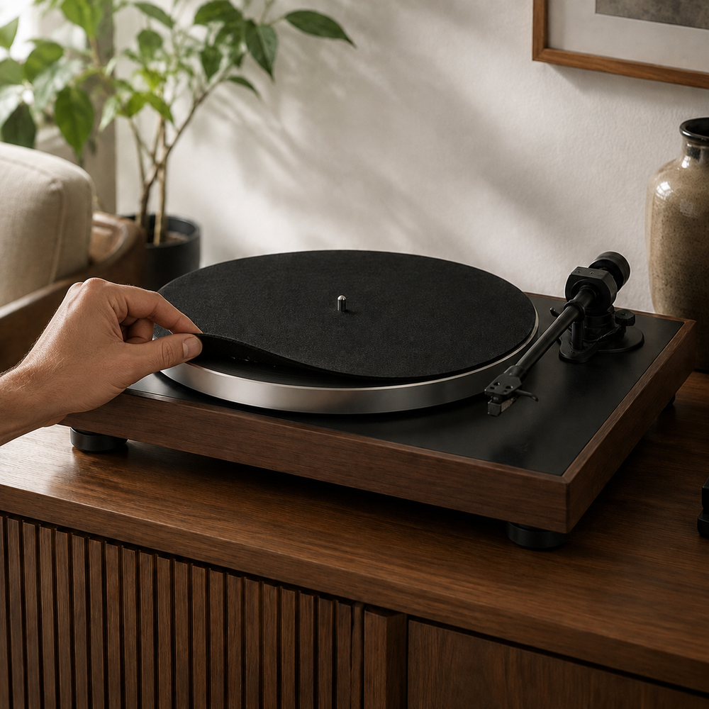 Hand tilt de zwarte vilten slipmat op van een platenspeler