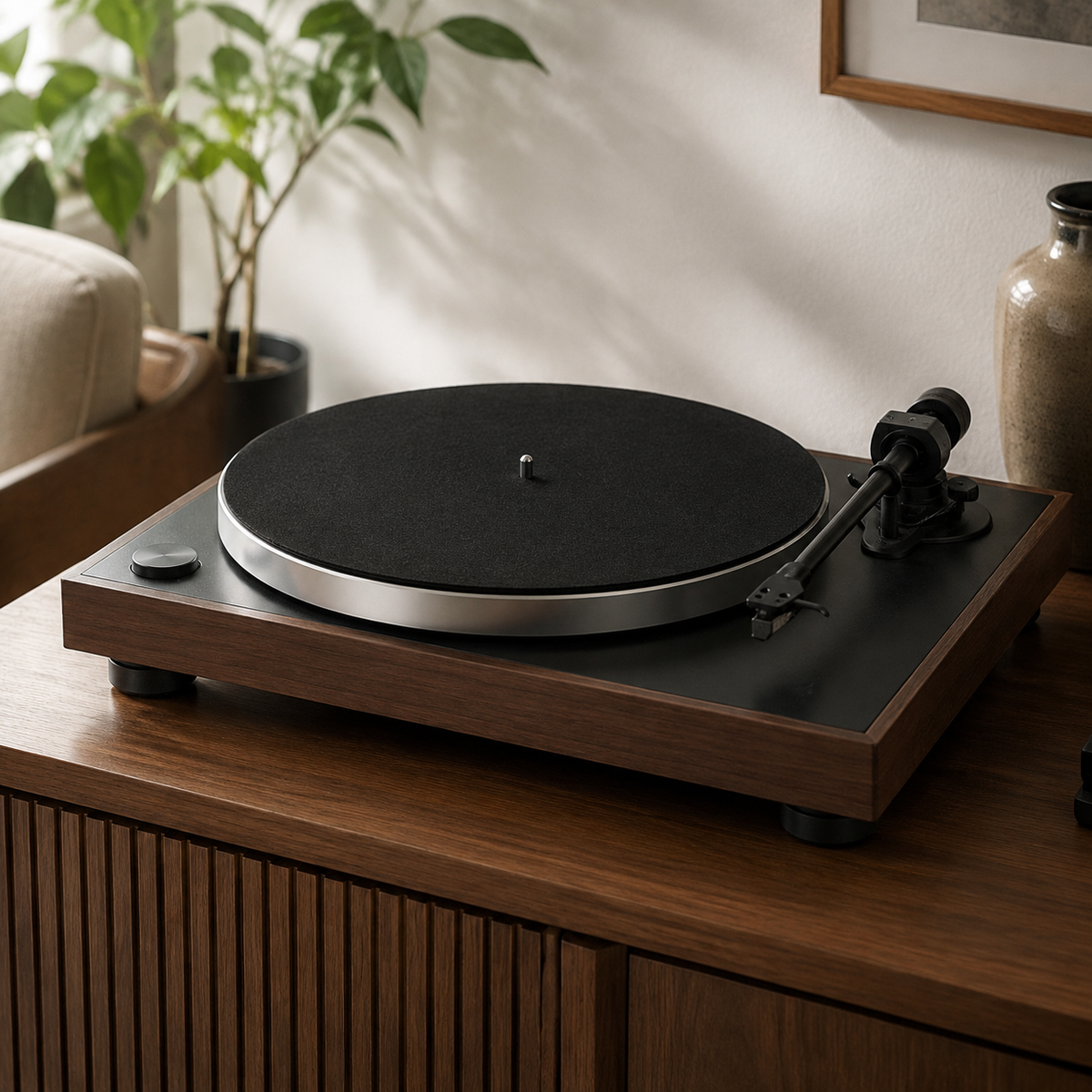 Zwarte vilten slipmat op een platenspeler in de woonkamer