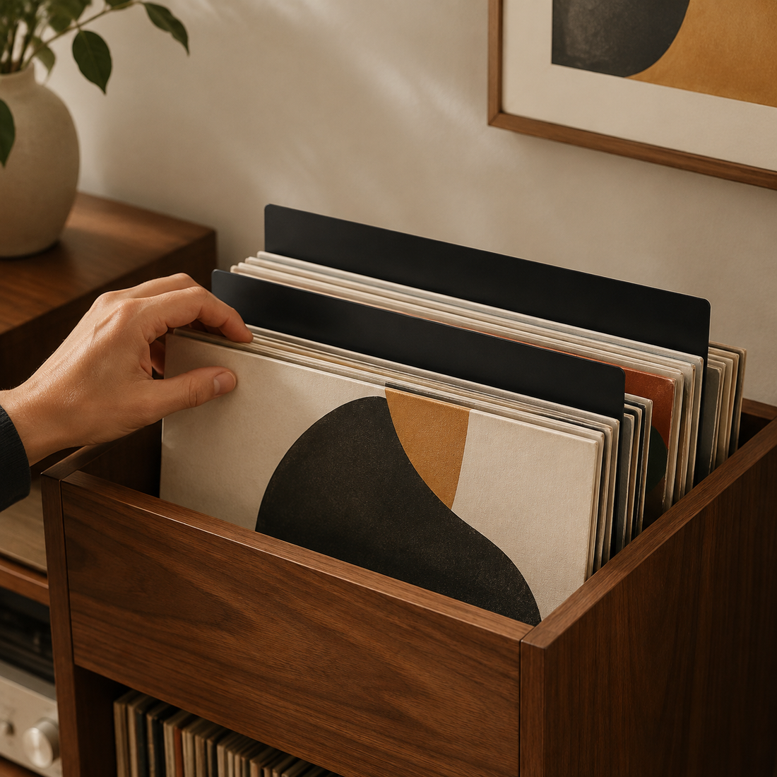 Zwarte vinyl dividers in een houten platenkast